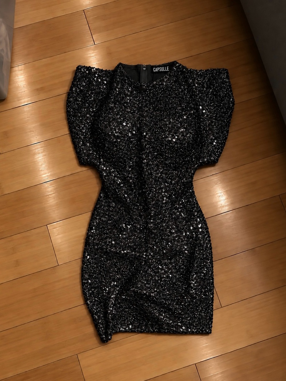 Black Sequin Puff-Sleeve Mini Dress